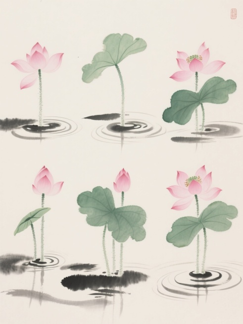 中国传统水墨风格，淡雅浅色背景，六朵不同样式的莲花，上下两行对齐排列，粉色花瓣，绿色荷叶，水面涟漪，墨色晕染效果，留白意境，清新自然，线条流畅，笔触细腻，水彩质感，传统工笔画风格，对称构图，无文字无logo。预览效果