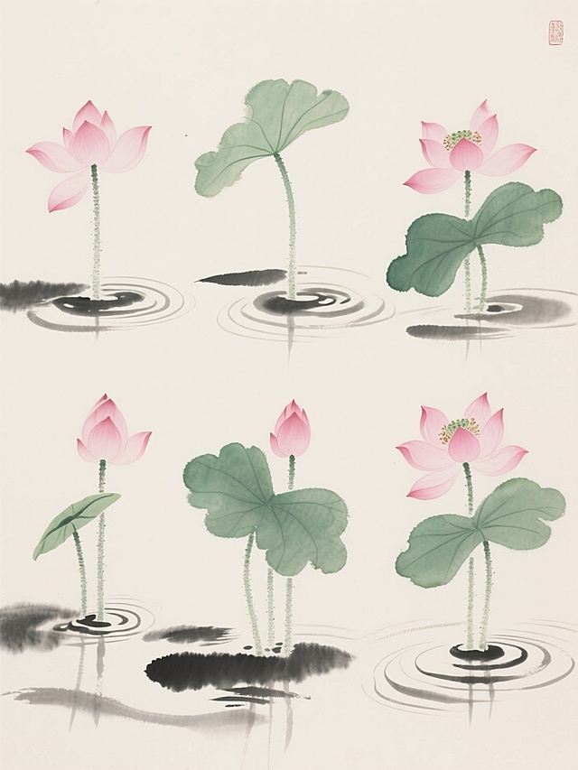 中国传统水墨风格，淡雅浅色背景，六朵不同样式的莲花，上下两行对齐排列，粉色花瓣，绿色荷叶，水面涟漪，墨色晕染效果，留白意境，清新自然，线条流畅，笔触细腻，水彩质感，传统工笔画风格，对称构图，无文字无logo。