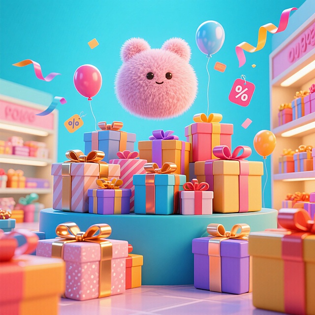 软3D风设计，可爱梦幻的粉色小熊与缤纷礼盒，营造节日促销氛围。