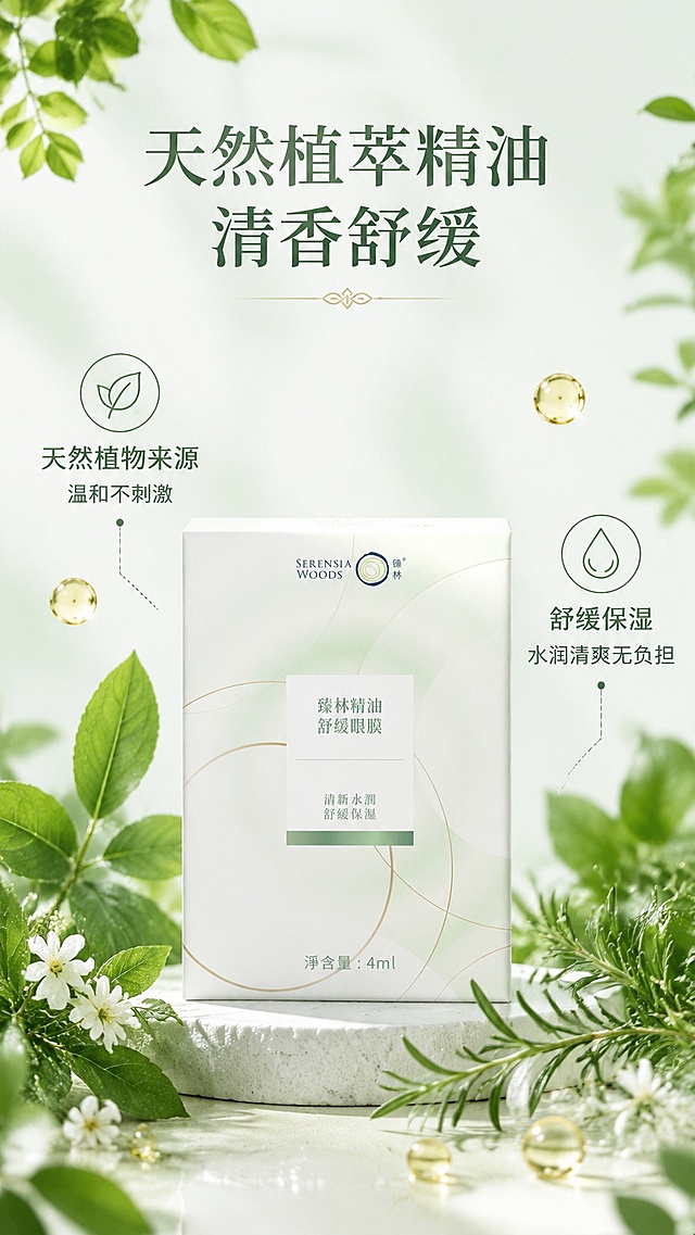 [第6屏] 天然植萃特点介绍屏，展示精油添加优势。
[氛围/风格] 自然清新草本风，柔和芳香氛围感，商业摄影质感。
[元素布局] 背景搭配新鲜绿色植物叶片烘托天然植萃主题，中部放置产品包装盒【图1】，产品占比约50%，周围点缀精油滴珠元素，整体画面干净通透，产品外观与输入图一致。
[光影质感] 自然漫射光，叶片带柔和阴影，产品主体高光清晰，整体清新明亮。
[配色色系] 全局底色 #F1F7F3；主色自然绿色；辅助米白背景，深绿文字，浅金精油滴珠。
[视角构图] 中心构图，产品居中，植物装饰四周，阅读动线自然。
[文字版式] 顶部主标题「天然植萃精油 清香舒缓」，下方分两点说明：「天然植物来源 温和不刺激」「舒缓保湿 水润清爽无负担」，文字环绕产品四周，不遮挡主体，字号清晰适合手机阅读。
[比例分辨率] 9:16 竖版比例，4K分辨率，文字清晰可辨，高清画质。
[负向提示词] 植物杂乱，产品变形，颜色偏差，文字错乱，文字过小，水印