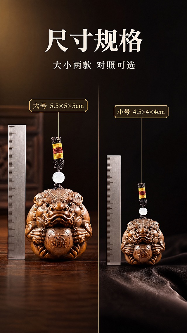 [商品] 使用【图1】【图4】中的同款黄杨木雕「貔貅抱球」手把件：左区为大号（钶件尺寸较大），右区为小号（同款造型、尺寸较小），两件朝向一致；保留造型、木色包浆、鬃发卷云纹与球面原有雕刻文字，不改写、不增删部件。
[画面] 页面目标=规格与选购，实测示意型左右分区构图：左区将大号钶件放在深胡桃木案面上、旁边立一把金属直尺作为尺度参照，细直引线指向标注；右区将小号钶件放在深色绸面垫上、旁边立同一把金属直尺，细直引线指向标注；两件都要完整入画、不裁切，大小对比明显、比例关系真实自然，不要做成同样大小；直尺为不带品牌、不带图标、不额外增加读数文字的通用器件；必须彻底去除画面中的人物手部与手指；整张只出现两个尺寸，不添加其他数字与参数行。
[视觉] 套系策略：风格=新中式沉稳暖调商业静物摄影；标题字=宋体类衜线粗体；正文字=同族细体；主色=深棕黑；背景延展=深棕黑到近黑渐变配深胡桃木纹台面；强调色=暖琥珀金，仅用于尺寸引线与小面积标签；标题色=暖米白；正文色=浅暖灰；组件=细直引线、小面积暗金标签、细线分隔线；光影=左上 45°暖光主光加侧后方暖色轮廓光，金属量具有冷色细高光作对比。避免冷蓝、蓝灰、冷灰成为背景、卡片、图标或光效主色。
[文字] 顶部横排主标题「尺寸规格」，其下副标题「大小两款 对照可选」；左区标注「大号 5.5×5×5cm」，右区标注「小号 4.5×4×4cm」；除这两个尺寸外不出现其他数字。
[规格] 图片比例 9:16 竖版（1080×1920），4K，手机端可读；避免变形、两件大小相同、错字、文字过小、手部与手指、水印、平台 Logo、二维码，不编造其他尺寸重量数据。