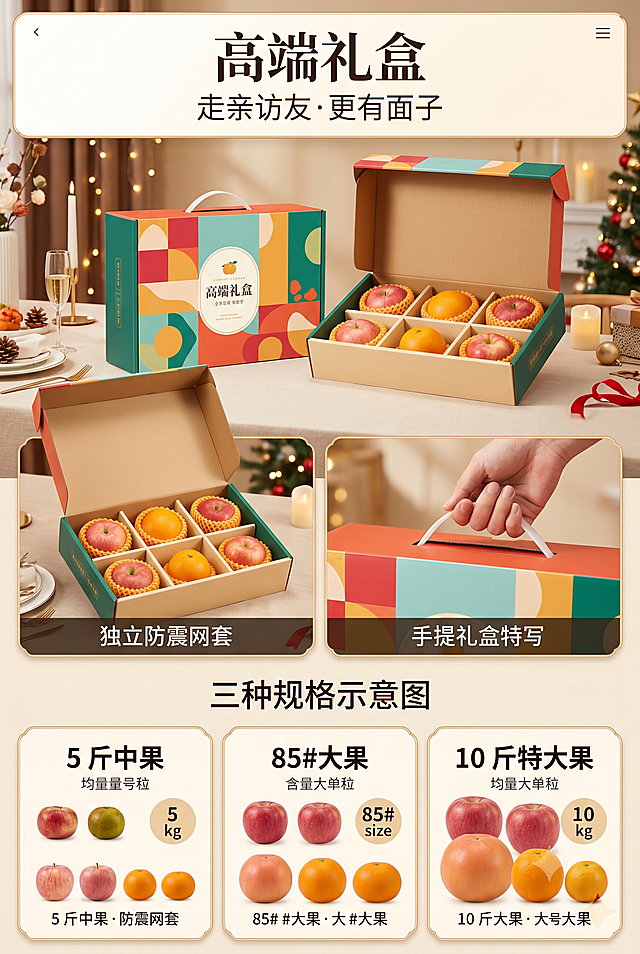 电商详情页第八屏，主标题高端礼盒，副标题走亲访友·更有面子，展示精美彩箱包装效果图，内部有防震网套和独立隔层，手提礼盒特写，背景为节日喜庆环境，清晰列出"5 斤中果/85#大果/10 斤特大果"三种规格示意图，整体风格真实高清，拒绝卡通和国风元素