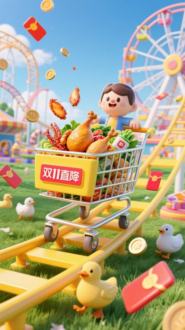 主视觉为装满生鲜产品，鸡翅鸡腿鸭舌，购物车在黄色过山车轨道上快速滑行，购物车上写“双11直降”，背景包含摩天轮、游乐设施。草地上有小鸡小鸭。很多红包和金币在购物车旁呈放射性从远处向屏幕前来。预览效果