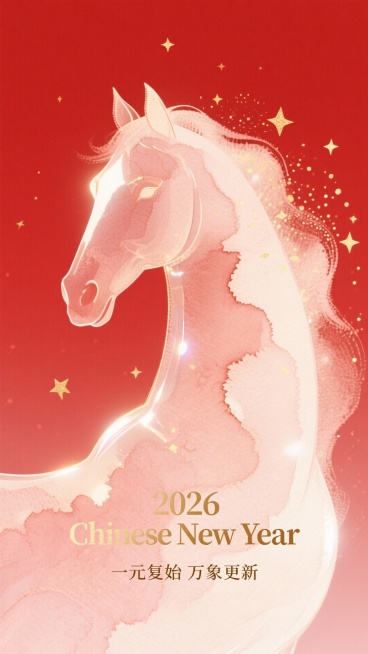 抽象现代新年海报，极简风格，梦幻粒子构成的抽象骏马到顶部呈虚化，周围散布几颗细小的金色小星星。背景纯红色，简洁大气。风格：扁平化、现代感、色彩对比强烈。整体：新年主题海报，抽象粒子艺术表现形式，喜庆且预览效果