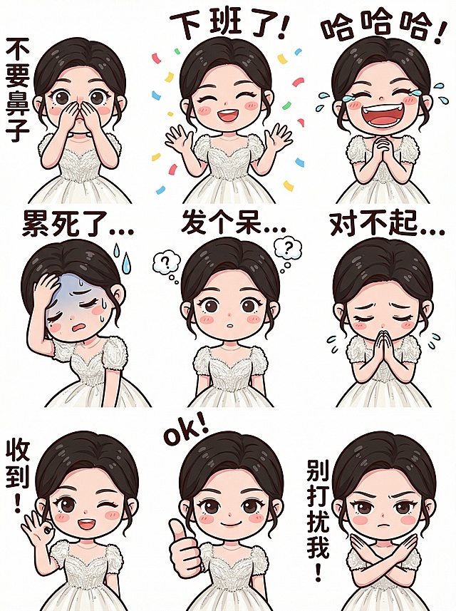 保持人物主体不变，创作一组表情包，包含表情不同、姿势不同的九宫格表情包，动漫风格（表情包分别为，不要鼻子，下班了，哈哈哈，累死了。发个呆，对不起，收到，ok，别打扰我）