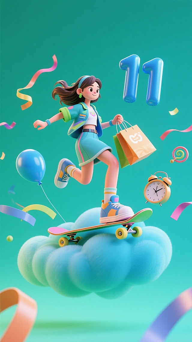 一大片悬浮在空中的云，上面有一个潮酷的女生骑着滑板，拿着购物袋，顺着云滑，强动态感，周围点缀彩带、小闹钟，“11”数字气球等元素，蓝绿主色调