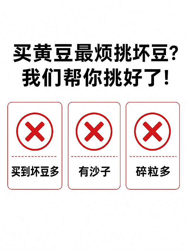 拼多多15 张详情长图 1. 痛点直击图 AI 提示词：信息图风格，白色背景，用红色叉号标注 "买到坏豆多、有沙子、碎粒多"3 个痛点，图标 + 文字结合 文案：买黄豆最烦挑坏豆？我们帮你挑好了！ 2.  核心价值海报 AI 提示词：棕色 + 金色主色调，4 个图标分别代表人工手选、无坏豆、非转基因、当季新粮，大字突出卖点 文案：5 遍精挑细选，只为给你最好的黄豆 ✅ 5 遍人工精挑细选 ✅ 坏豆率 < 0.5% ✅ 100% 非转基因 ✅ 2026 年当季新粮 3.  人工挑选实景图 AI 提示词：高清实拍农村阿姨们手工挑拣黄豆的场景，特写她们专注的眼神和粗糙的手 文案：一颗一颗挑，挑走所有坏豆 4.  筛选流程示意图 AI 提示词：流程图，展示收割→脱粒→风选→机器筛选→第一遍人工挑→第二遍人工挑→第三遍人工挑→包装 8 个步骤，每个步骤配一张小图 文案：7 道工序，层层筛选 5.  坏豆挑出展示图 AI 提示词：实拍挑出来的瘪粒、碎粒、虫眼豆、杂质，堆成一小堆 文案：这些我们都扔掉了  6. 品质抽检图 AI 提示词：实拍工人从成品中随机抽检的场景 文案：每袋都抽检，保证品质一致 7.  产地优势图 AI 提示词：航拍东北黑土地黄豆田，蓝天白云，阳光明媚 文案：北纬 49° 黄金种植带，黑土层厚达 60 厘米 8.  生长过程图 AI 提示词：手绘风格，展示黄豆从播种到收割的 120 天自然生长过程 文案：一年只种一季，自然生长不催熟 9.  细节特写图 AI 提示词：超微距拍摄黄豆，清晰展示褐色豆脐和天然白霜，黑色背景 文案：正宗东北黄豆，带天然白霜，无染色无打蜡 10.  泡发效果图 AI 提示词：左右对比，左侧是干黄豆，右侧是泡发 8 小时后的黄豆，体积明显变大，无硬芯，透明玻璃碗 文案：泡发率 200%，颗颗饱满无硬芯 11.  发芽效果图 AI 提示词：一盆长势旺盛的黄豆芽，芽身粗壮，根须洁白，白色背景 文案：发芽率 98% 以上，3 天即可食用 12.  多吃法合集图 AI 提示词：拼贴画风格，展示豆浆、豆腐、豆芽、黄豆炖猪蹄等多种黄豆美食 文案：一粒黄豆，满足全家不同口味 13. 包装展示图 AI 提示词：产品摄影，展示真空包装黄豆，特写密封封口，白色背景 文案：真空包装，防潮防虫，锁住新鲜 14.  售后保障图 AI 提示词：红色背景，白色大字突出 "坏豆包赔" 文案：收到货后，只要发现有坏豆，不管多少，全额退款 15.  FAQ 图 AI 提示词：简约问答页面设计，白色背景，问题用加粗字体，答案用普通字体 文案： Q：有坏豆怎么办？ A：只要发现有坏豆，不管多少，全额退款 Q：怎么保存？ A：开封后密封保存，置于阴凉干燥处 Q：可以发豆芽吗？ A：发芽率 98% 以上，非常适合发豆芽