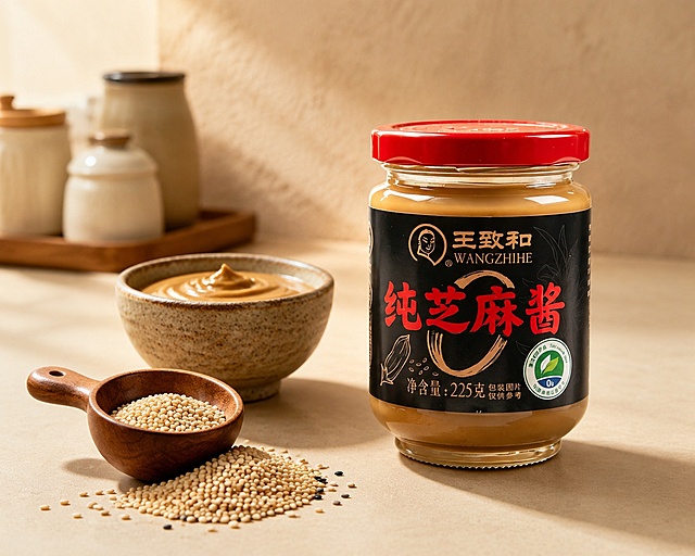 芝麻酱玻璃瓶，严格参照第二张上传的白底产品图，完整保留所有可见组件、部件、轮廓形状、结构、比例、材质质感、颜色与瓶身所有文字信息（logo、品牌名、产品名、净含量、标识等），与上传图完全一致。
室内厨房台面一角，暖米棕自然色调，温馨烟火气氛围。
产品放置在浅米色哑光台面上，周围搭配芝麻食材与一小碗芝麻酱作为配套道具，柔和侧前方自然光（还原参考图光影方向），产品受光面泛起暖米色环境光、暗部与边缘映射浅棕阴影光晕，与环境物理融合，无悬浮、无硬边剪切感。
产品位于画面偏右侧，中景构图，产品完整不裁切，占画面约40%。
镜头相对参考图偏转约25°，微侧视角。
全量换款清单：①木勺：参考图长柄木勺 → 生成图短柄深口木勺（同为实木材质，换造型）；②芝麻碗：参考图浅口陶瓷小碗 → 生成图深口粗陶小碗（同为陶瓷材质，换款式）；③芝麻堆：参考图黑白芝麻平铺 → 生成图白芝麻为主、少量黑芝麻点缀（同品类换数量比例）；④背景：参考图模糊厨房墙面 → 生成图浅米色肌理墙面配模糊陶瓷罐（同材质大类换款式）。
消除画面右下角水印文字。4K 分辨率，严格锁定宽高比为 5:4。