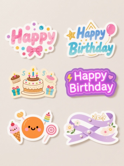 六款不同样式与装饰的“Happy Birthday”文字贴纸，采用上下两行对齐排列于浅色背景之上。第一款为甜美水彩风格，粉色立体字体点缀彩色波点与蝴蝶结；第二款是简约剪纸风，蓝色渐变文字搭配金色线条勾勒的星星与气球；第三款呈复古手绘风，米黄色字体周围环绕蛋糕、蜡烛与礼物盒图案；第四款属潮流霓虹风，紫色发光字体边缘带有光晕效果，辅以闪电与爱心装饰；第五款为可爱卡通风，橙色圆润字体旁有冰淇淋、棒棒……预览效果