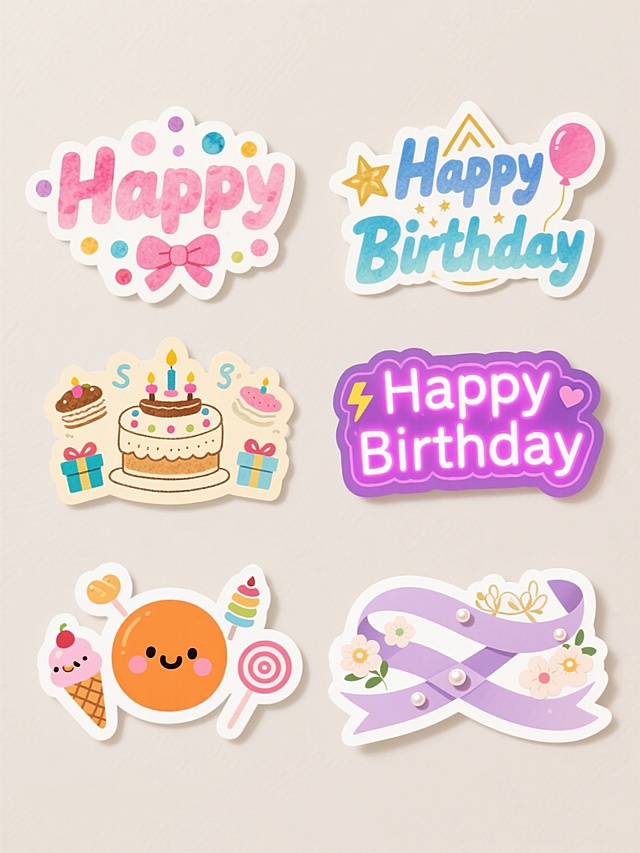 六款不同样式与装饰的“Happy Birthday”文字贴纸，采用上下两行对齐排列于浅色背景之上。第一款为甜美水彩风格，粉色立体字体点缀彩色波点与蝴蝶结；第二款是简约剪纸风，蓝色渐变文字搭配金色线条勾勒的星星与气球；第三款呈复古手绘风，米黄色字体周围环绕蛋糕、蜡烛与礼物盒图案；第四款属潮流霓虹风，紫色发光字体边缘带有光晕效果，辅以闪电与爱心装饰；第五款为可爱卡通风，橙色圆润字体旁有冰淇淋、棒棒糖等甜品元素；第六款系优雅丝带风，淡紫色字体缠绕飘逸丝带，点缀珍珠与花朵纹样。所有贴纸均保持清新明快的色彩基调，整体设计充满生日欢庆氛围。