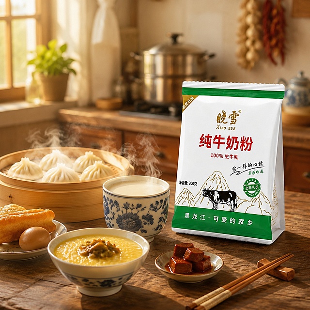 温馨中式早餐场景，深棕色实木餐桌，清晨暖光从窗户照入。晓雪纯牛奶粉袋装产品放在餐桌右侧，正面微侧摆放，占画面约40%。**保持奶粉袋外观与输入产品图完全一致，杜绝任何变形和色差**。产品左侧放一只青花瓷杯盛满热牛奶，冒着热气。餐桌上还摆放着：一笼热气腾腾的小笼包；一碗小米粥配咸菜；一碟油条和茶叶蛋；旁边放着一双竹筷子和一小碟腐乳。背景是虚化的中式厨房，有木质橱柜、不锈钢蒸锅、墙上挂着的大蒜串和红辣椒。整体氛围温暖家常，中式早餐烟火气，暖黄色调，柔和晨光，浅景深。画面中不要出现任何额外的文字、标语、卖点文案（产品包装本身的文字保留）。商业摄影质感，超高清。1:1比例。