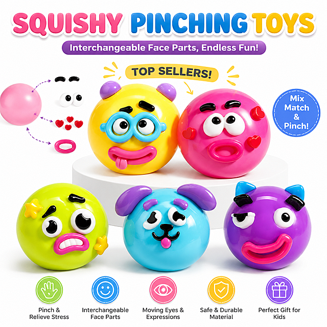e-commerce main image, 5 colorful spherical squishy pinching toys with interchangeable face parts (moving eyes, eyebrows, mouth, hearts), highlight the two top selling models in the center, clean bright background, English product style, clear product display, playful children's toy, high quality commercial photography