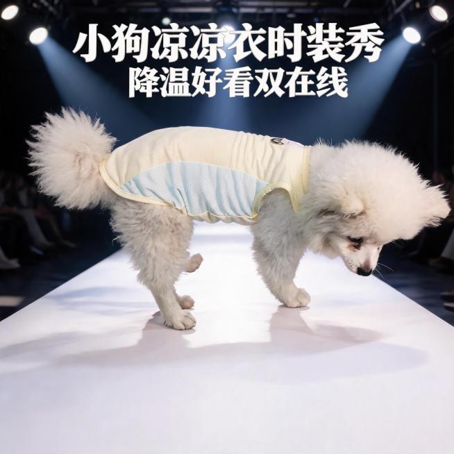 将背景替换为模特T台，添加艺术文字“小狗凉凉衣时装秀 降温好看双在线”，保留原图中穿凉凉衣的白色小狗预览效果