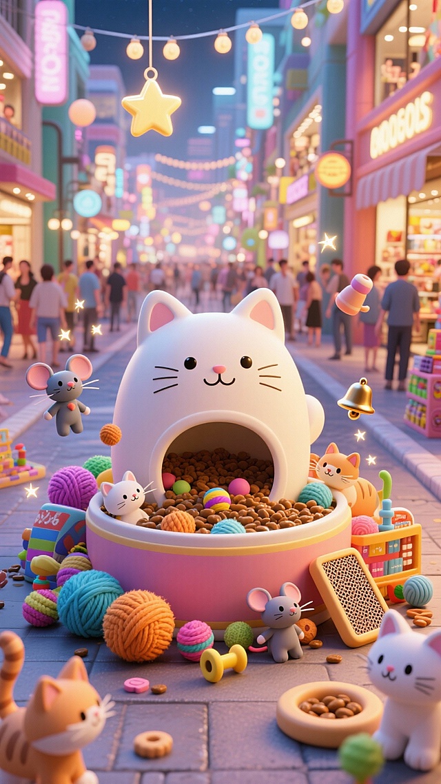 街道上巨大猫粮，里面和周围装满并环绕各类可爱商品（猫咪玩具），周围有漂浮的商品与小装饰元素，背景是商场购物街