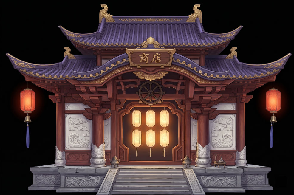 参考图片中式古风设计风格，生成重檐歇山顶仿古建筑门楼亭阁：深紫色琉璃瓦屋顶，边缘鎏金卷草纹装饰，飞檐翘角；主体红棕色雕花木质结构，搭配汉白玉立柱墙面，雕刻祥云海浪纹样；底部多层灰色石质基座刻海浪浮雕；预览效果