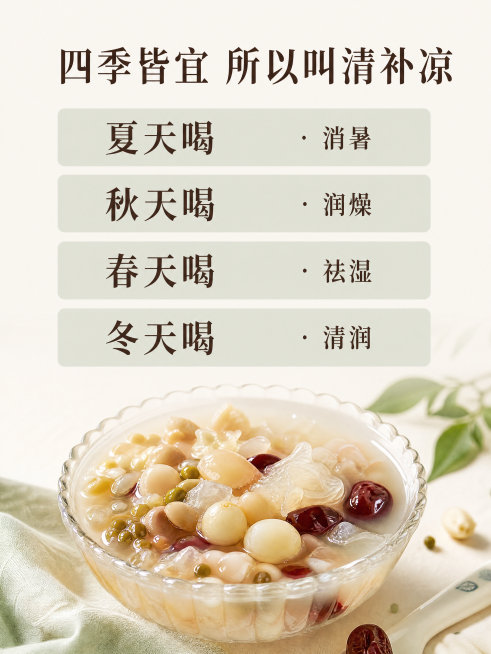 主图5张：

序号 画面 文案
1 4包清补凉围着一碗清亮的汤，颜色淡雅 “广东人四季都喝的清补凉·不寒不燥·清润回甘”
2 撕开一包，玉竹、百合、莲子、山药、薏米、蜜枣铺开 “玉竹·百合·莲子·山药预览效果