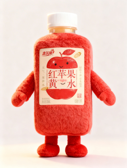 为长方形瓶身玩偶服添加毛绒短腿，在瓶身正面位置添加一个可爱的卡通表情，保留原包装所有文字和图案元素，保持柔软毛绒质感，整体风格可爱，惠尔康红苹果黄芪水主题预览效果