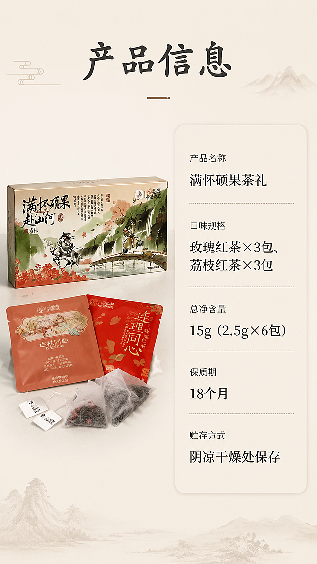 「图片1」「图片1」，生成一套详情页，商品名称为茶盒（玫瑰红茶*3、荔枝红茶*3）规格15g，保质期：18个月，适配淘宝/天猫平台，单图比例为9:16，需求屏数为4张。