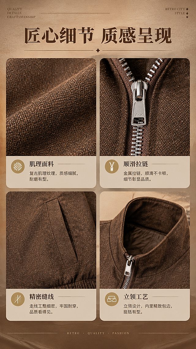 [商品] 使用【图1】复古棕色立领拉链夹克；商品处理：保留立领、金属拉链、斜插口袋、短款收腰下摆、左胸小Logo、棕色肌理面料和整体版型；自然去除衣身杂乱褶皱，理顺垂坠，增强面料纹理、缝线、拉链五金和口袋边缘质感，不改变版型、颜色和结构。
[画面] 目标为面料工艺细节页，呈现夹克质感细节；2×2宫格构图，四格分别展示：面料肌理微距、金属拉链特写、口袋缝线细节、立领内里工艺；每格占画面约25%，格间留细缝；背景为浅棕纸张质感底，整体精致有层次。
[视觉] 套系策略：风格=复古都市轻熟风高级商业摄影；标题字=现代衬线粗体；正文字=简洁无衬线体；主色=复古棕咖；背景延展=基于棕咖色做深浅层级、同色渐变和细腻织物/纸张质感；强调色=米金色，仅用于小面积图标、引线和标签；标题色=深棕咖；正文色=暖灰棕；组件=圆角浅棕信息卡、细线引线；光影=左前侧暖柔光，右侧轮廓光。
[文字] 顶部主标题「匠心细节 质感呈现」，每格下方配短说明：肌理面料、顺滑拉链、精密缝线、立领工艺；文字横向排版，字号适中，手机端清晰可读。
[规格] 图片比例9:16竖版，4K分辨率，medium质量；避免变形、错字、文字过小、冷蓝背景、衣服颜色改变、版型失真、白底孤立。