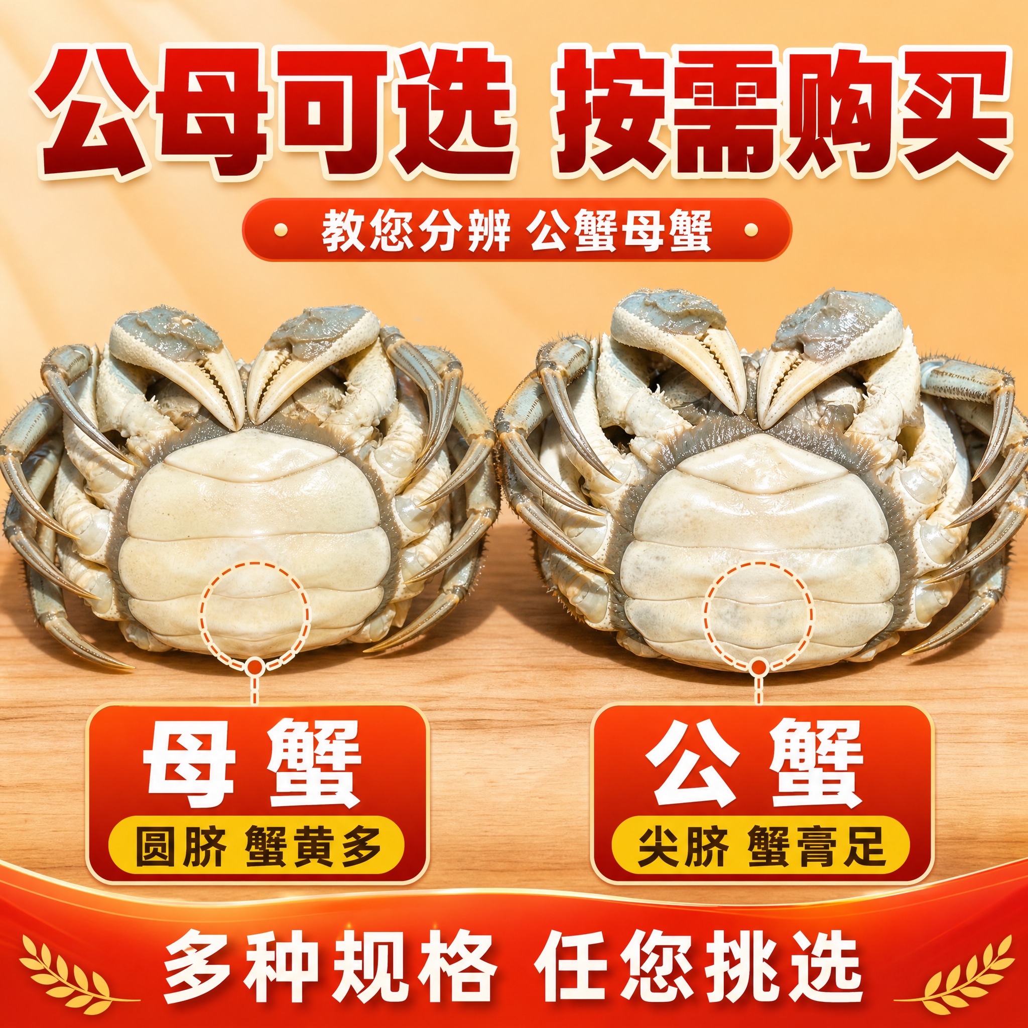 [主图-3] 公母蟹对比图 突出公蟹尖脐母蟹圆脐 方便选购 拼… - 图片创意预览