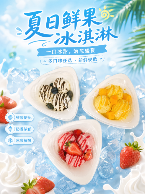 夏日鲜果奶油冰淇淋商品营销海报，写实商业摄影风格，主标题“夏日鲜果冰淇淋”，副标题“一口冰甜，治愈盛夏”，装饰文案“多口味任选 · 新鲜现做”，卖点标签“鲜果搭配”“奶香浓郁”“冰爽解暑”。画面中包含预览效果