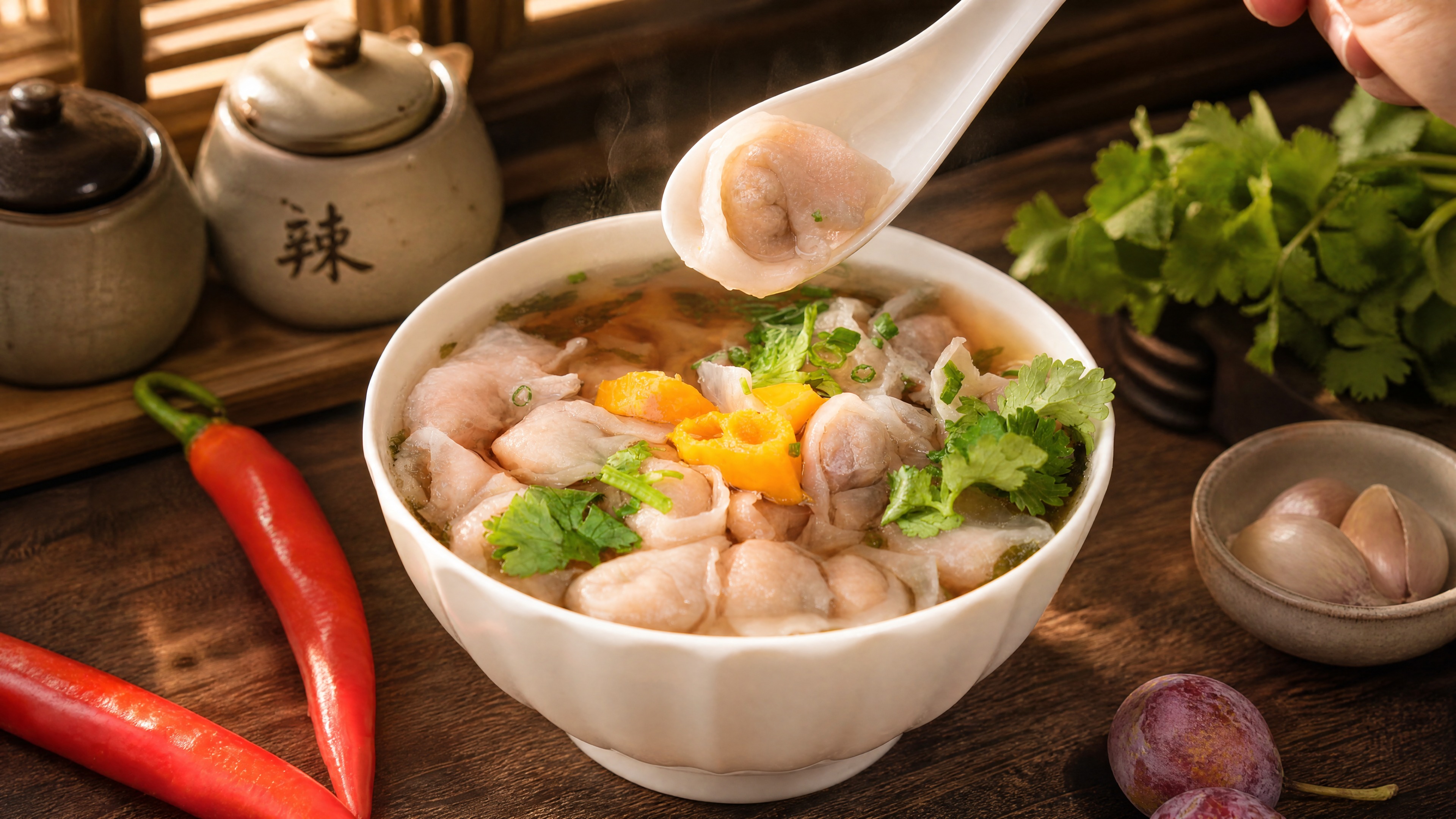 肉燕馄饨汤碗严格参照上传产品图，完整保留碗的造型、汤品、肉燕、… - 图片创意预览
