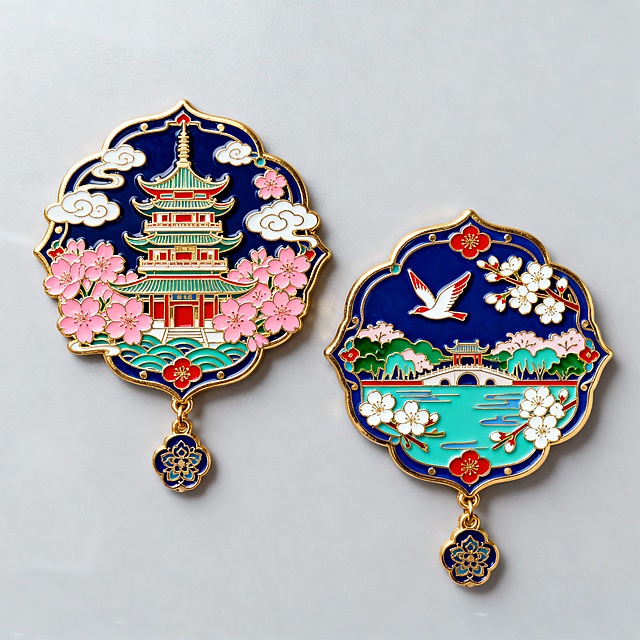 中国风金属珐琅冰箱贴系列，采用传统景泰蓝工艺，金色勾边，深蓝、大红、翠绿、粉色为主色调，每个冰箱贴均有精致花纹装饰和吊坠设计。2个完全不同造型的冰箱贴规整排布在纯色背景上，分别为：1. 无锡特色赏樱阁，周围环绕祥云和盛开的粉色樱花；2. 鼋头渚风景，搭配白色梅花和红嘴鸥图案；每个冰箱贴都具有立体浮雕质感，细节丰富，色彩鲜艳，整体风格统一且富有中国传统文化韵味。