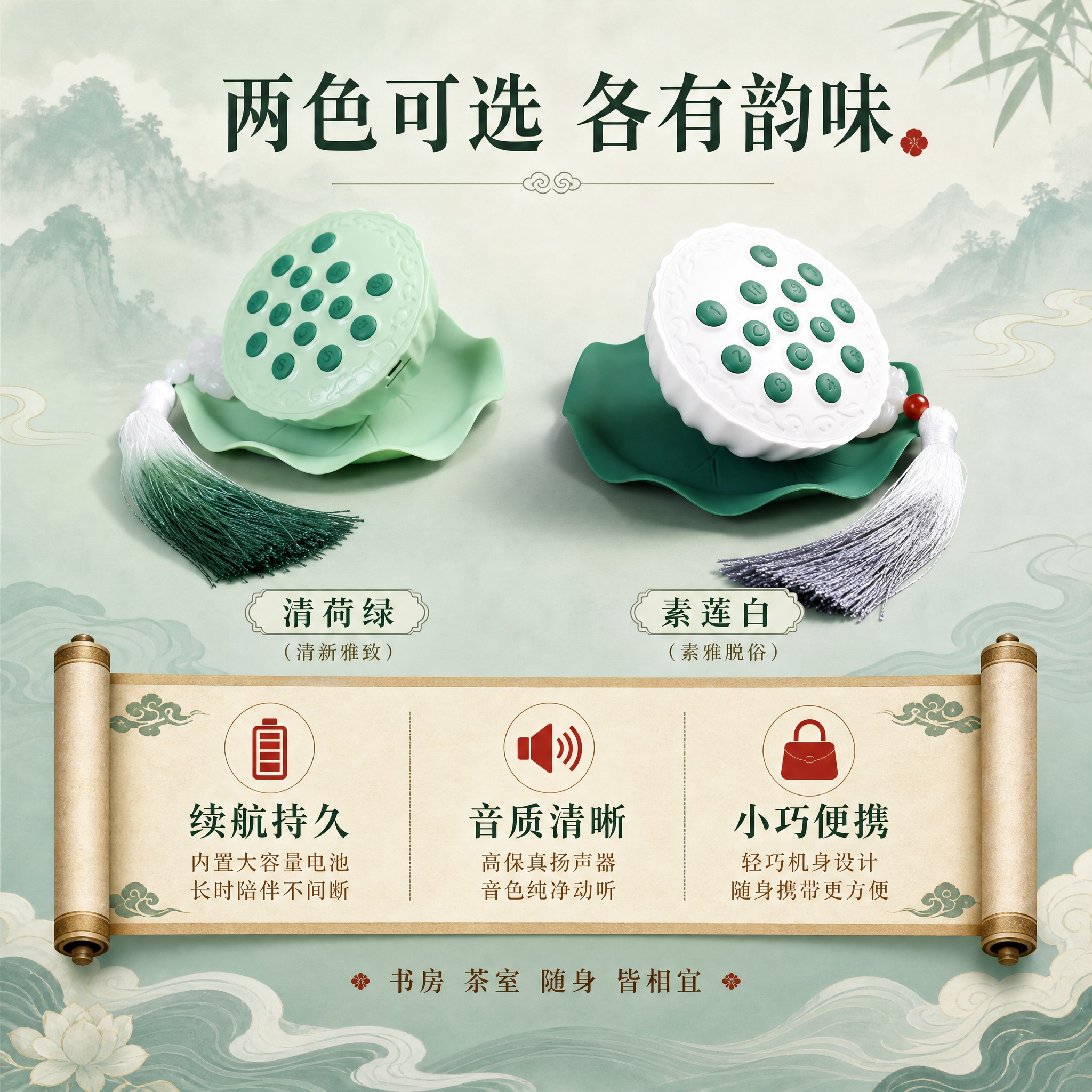 [主图-5] 莲蓬造型蓝牙插卡音箱 双色款式与规格信息展示。… - 图片创意预览