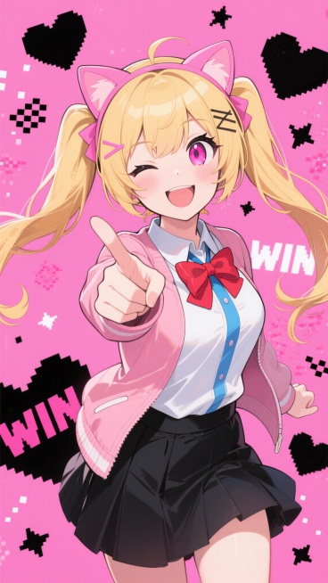 二次元动漫风格人像，金发双马尾少女，头戴粉色猫耳发饰，粉色眼眸，嘴角上扬露出开心笑容，左眼微微眯起，身着白色上衣搭配蓝色领带和粉色外套，胸前系着红色蝴蝶结，黑色短裙，右手伸出指向观者，背景为粉色为主色预览效果