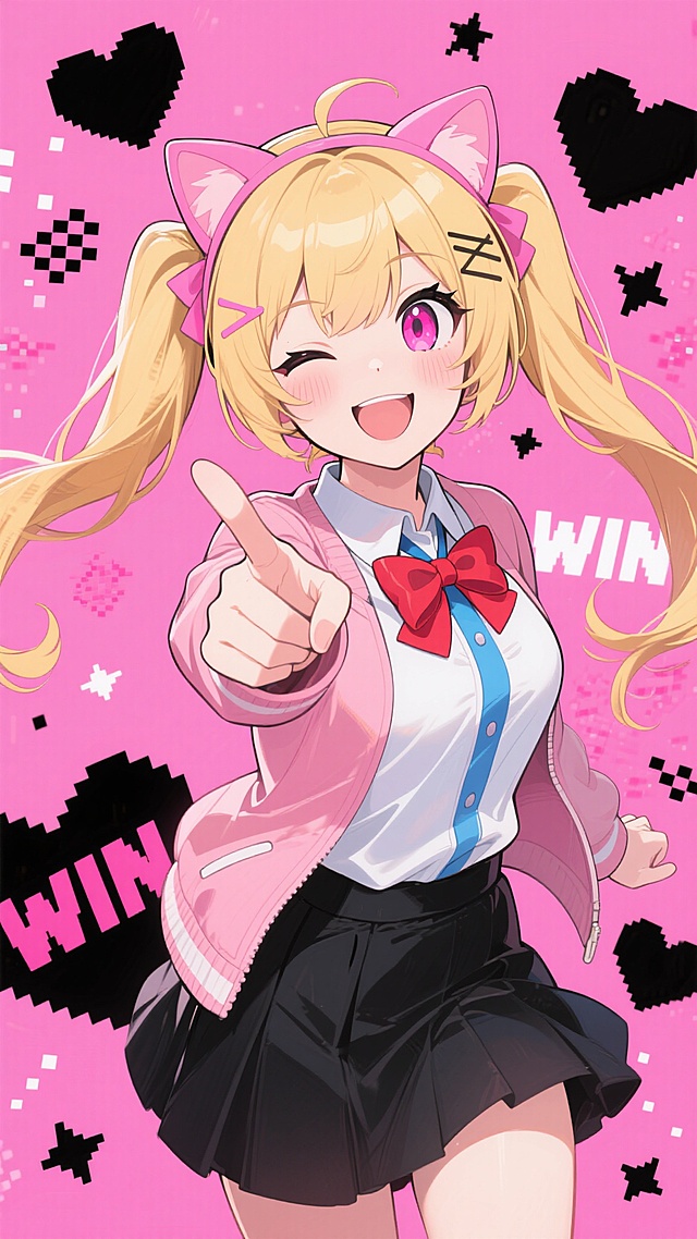 动漫风少女，粉色背景搭配像素爱心与故障元素，软3D质感突出，甜蜜可爱，充满节日欢庆氛围。