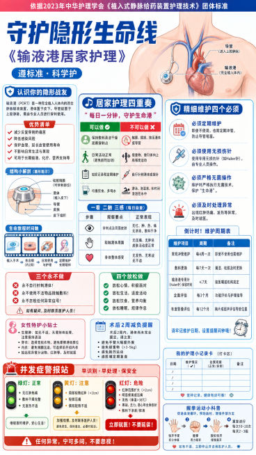 医疗科普宣传海报，输液港居家护理指南：
- 顶部彩条来源标注："依据2023年中华护理学会《植入式静脉给药装置护理技术》团体标准"
- 大号主标题："守护隐形生命线"，副标题："《输液港居家护理》"，预览效果