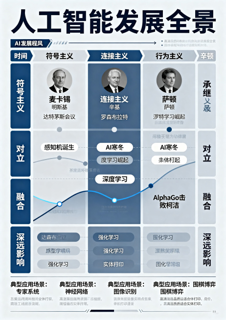 A4尺寸科技风全景海报，人工智能发展史全景展示：顶部设置醒目主标题，中部按时间轴梳理AI发展历程，划分为五大阶段，分区域清晰展示符号主义、连接主义、行为主义三大流派，标注每个流派代表人物，以及达特茅斯预览效果