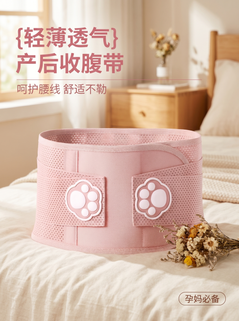 [主图 1] 产后收腹带抖音首图场景化展示
[氛围风格] 清新温馨母婴风，舒适自然居家氛围
[画质] 商业摄影质感、光线柔和通透、产品清晰真实、画面干净高级
[元素] 粉色收腹带居中展示在干净温馨的卧预览效果