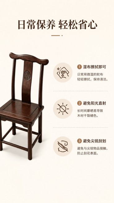 [第14屏] 日常清洁保养说明。本屏使用【图3】产品，搭配三点清洁说明。
[氛围/风格] 实用说明，简洁明了，干净清爽。
[元素布局] 左上角产品小图，右侧分三点列出日常保养要点：湿布擦拭即可、避免阳预览效果