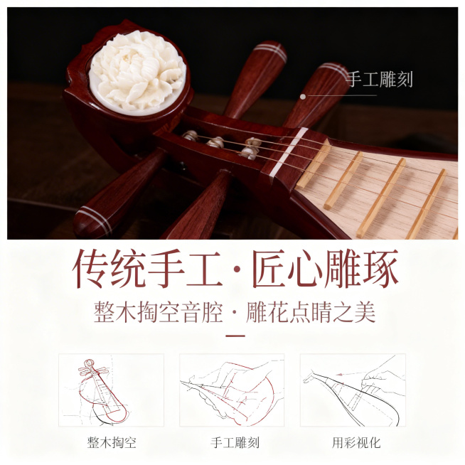 竖版1:1电商主图，东方雅致风，杂志排版精致高级。画面上半部分展示参考图中琵琶琴头牡丹雕花特写，严格还原琵琶琴头雕花细节与产品整体红棕色搭配浅色面板颜色，在雕花特写旁标注“手工雕刻”字样。下半部分搭配预览效果