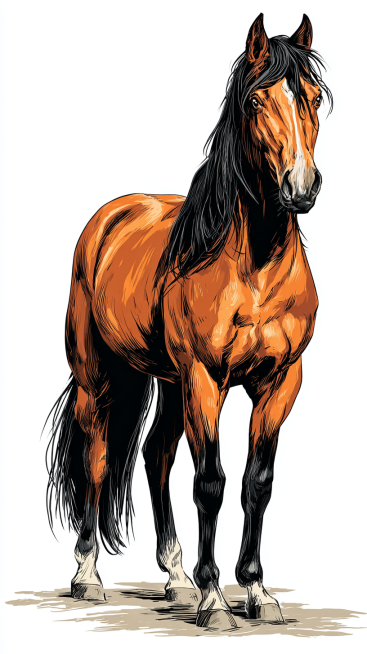 A well-built adult horse, with a clearly defined head, erect ears, bright and lively eyes, a long an预览效果