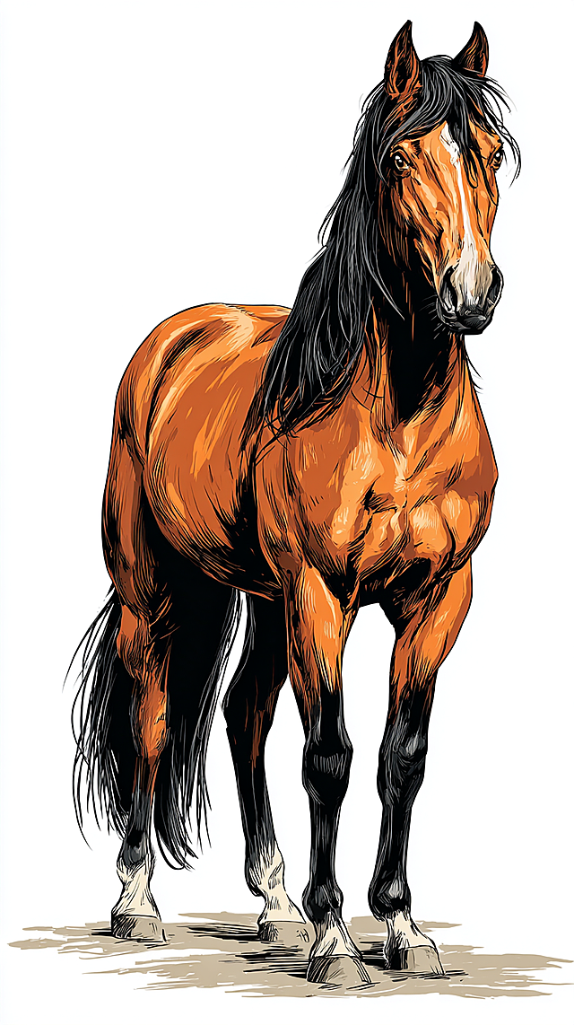 插画风结合描边与厚涂技法，呈现骏马的体积感与光影层次，线条流畅优雅，色彩饱满，展现写实与唯美并存的艺术风格。