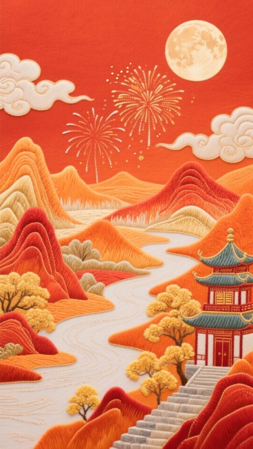 红橙色背景中有烟火、圆月、云彩，下方有橙色、红色、金色的山峦层层叠叠、蜿蜒的河流、中式楼阁与小亭、金黄树木、石阶小路预览效果