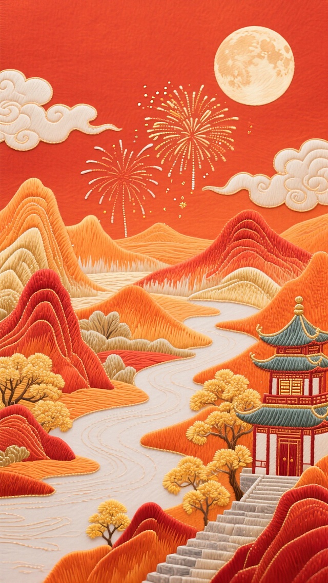 喜庆中式插画，刺绣风山水楼阁，烟花映衬，节日氛围浓厚。