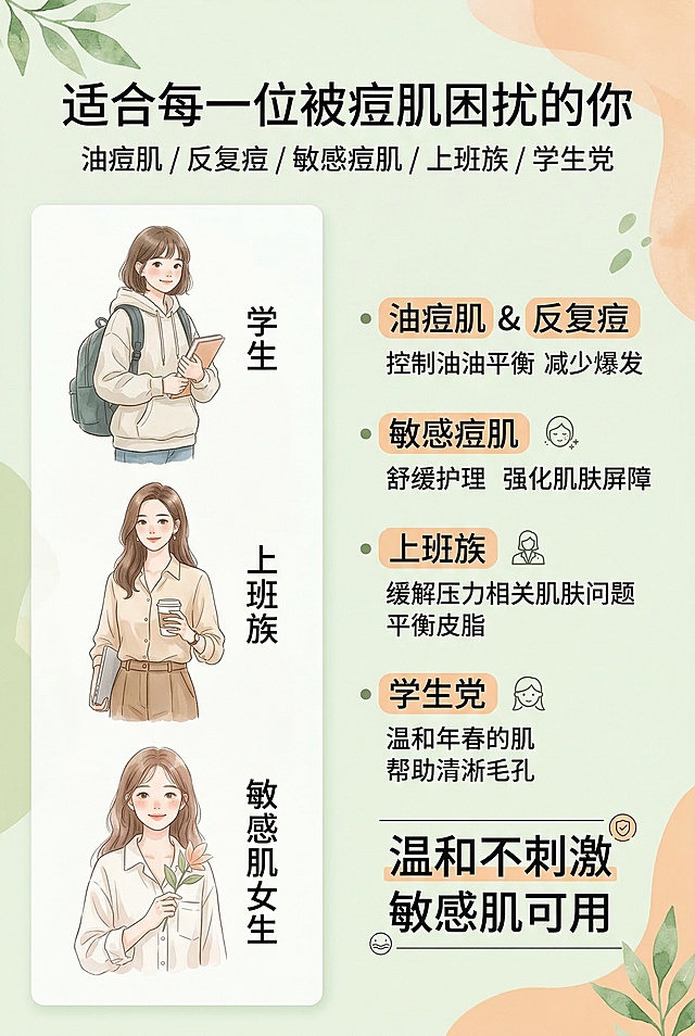 适用人群画像海报，不展示产品，主标题“适合每一位被痘肌困扰的你”，副标题“油痘肌 / 反复痘 / 敏感痘肌 / 上班族 / 学生党”，左侧为柔和插画形式的不同人群形象包含学生、上班族、敏感肌女生，右侧为分点列出的适用人群，标注“温和不刺激”“敏感肌可用”，左右分栏杂志排版，文字采用无衬线字体，人群关键词加粗，治愈柔和的插画风格，浅绿加暖色调，贴近目标受众，风格与产品清新定位统一，禁止夸张的人物形象，禁止杂乱装饰元素，禁止字体不统一，禁止风格偏离清新自然，禁止文字拥挤