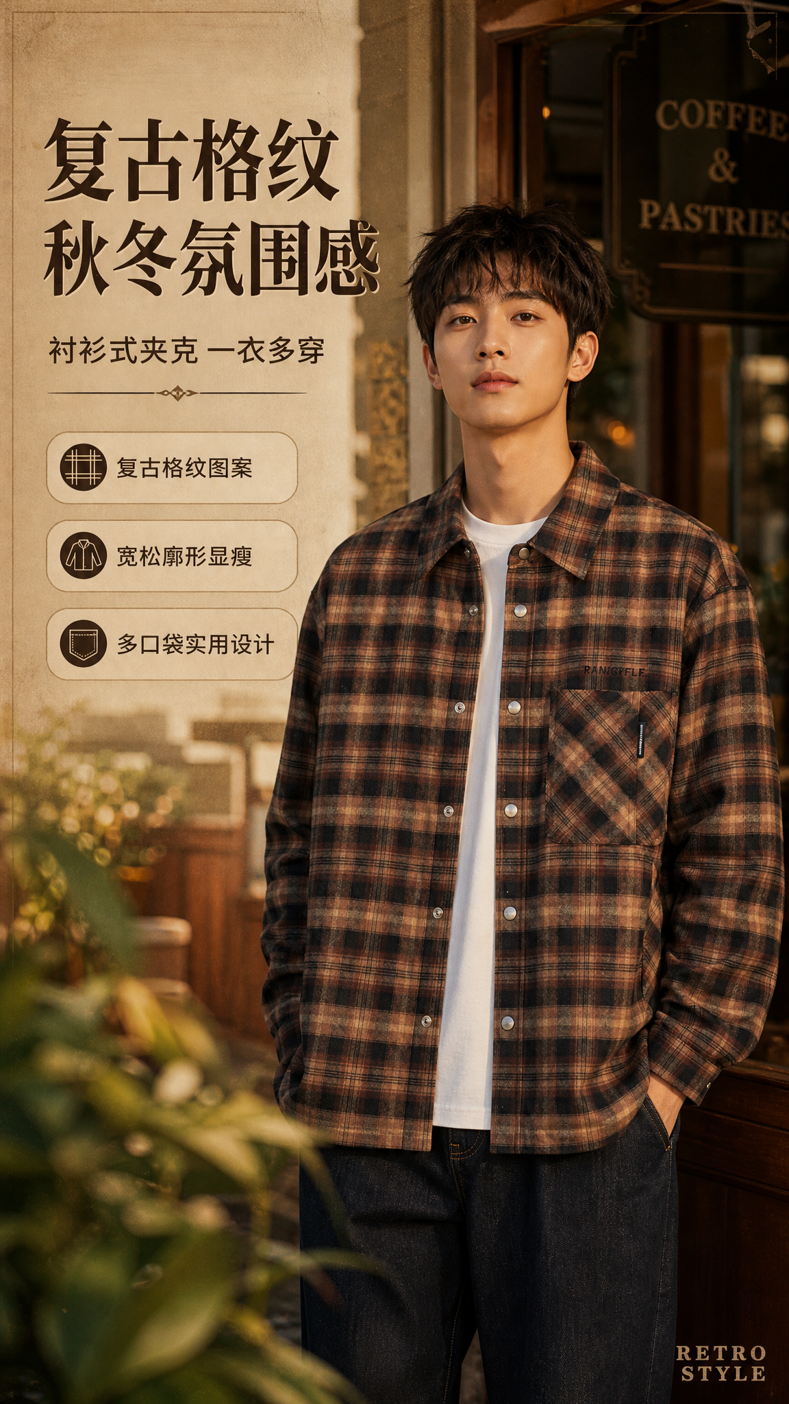[商品] 使用【图1】复古棕黑格纹衬衫式夹克外套；商品处理：保… - 图片创意预览