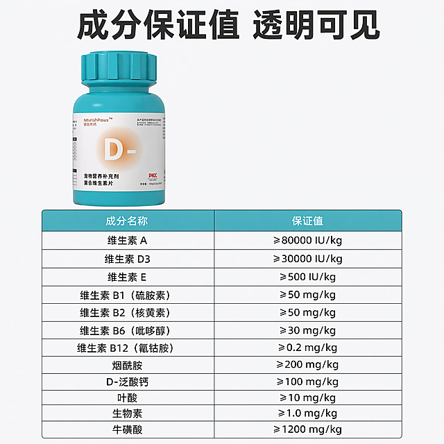 [第8屏] 产品成分参数信息。本屏使用【图1】作为商品主体。
[氛围/风格] 严谨专业参数展示，清晰规整，信息完整。
[元素布局] 产品放在画面上方偏左，占比约30%，下方是成分分析保证值表格，表格清晰列出各项营养成分含量；保持产品外观和原图一致。
[光影质感] 均匀布光，产品和表格都清晰明亮，文字对比度足够。
[配色色系] 全局底色 #F8F9FA，产品保持原配色，表格表头青蓝色背景，内容白色背景，文字黑色，整体简洁专业。
[视角构图] 上图下表排版，产品在上，表格在下，整体稳定平衡，信息层次清晰。
[文字版式] 顶部主标题「成分保证值 透明可见」，下方表格包含成分名称和保证值，包含：维生素A ≥80000 IU/kg、维生素D3 ≥30000 IU/kg、牛磺酸 ≥1200 mg/kg等核心参数，文字清晰整齐，每个单元格文字大小适合阅读。
[比例分辨率] 1:1，4K，文字清晰可辨。
[负向提示词] 产品变形，表格错乱，文字模糊，数据错误，文字过小。