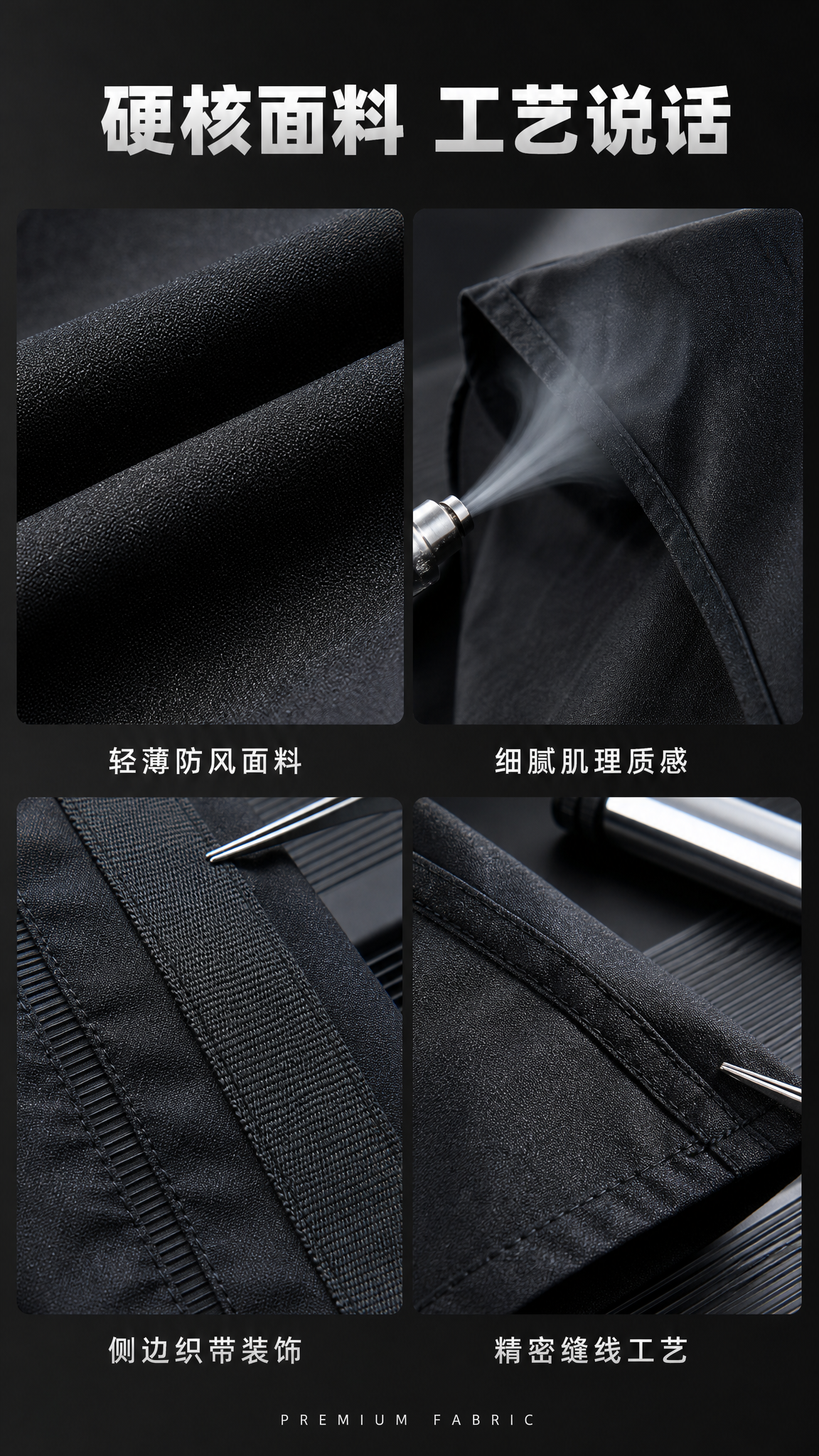 [第4张] 详情页面料工艺-简约黑色立领运动夹克面料与织带细节… - 图片创意预览