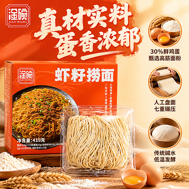 [主图-2] 核心卖点图：原料与工艺优势展示，突出30%鲜鸡蛋、高筋面粉、传统竹升面工艺，建立品质信任。
[统一基调] 淘宝1:1食品主图，暖橙红为主色调，搭配米黄、深棕辅助色；主标题粗厚书法体米白色；辅助文案清爽黑体深棕色；自然暖阳逆光，商业美食摄影质感。
[画面] 画面左侧是淦碗虾籽捞面包装盒与拆开的独立面饼（透明包装内细面清晰可见），右侧用三个圆形图标+文字展示三大核心卖点：上方圆图标是鲜鸡蛋与高筋小麦粉素材配文“30%鲜鸡蛋 甄选高筋面粉”，中间圆图标是传统竹升面压面工艺示意配文“人工盘面 七重碾压”，下方圆图标是发酵示意配文“传统碱水 低温发酵”。背景用浅米色+暖橙渐变，底部散落少许面粉与鸡蛋壳点缀，营造原料天然感。左上角放淦碗品牌Logo。
[光影质感] 柔和暖光均匀打亮，面饼有细腻粉质纹理，包装盒质感真实，图标清晰有层次，阴影柔和不生硬。
[配色] 主色暖橙红，辅助色米白、浅黄、深棕，背景浅米色渐变。
[文字版式] 顶部主标题“真材实料 蛋香浓郁”书法粗体米白色；每个圆形图标下方配黑体深棕色说明文字，字号适中，排版整齐。
[输出要求] 1:1正方形，2048x2048，文字清晰，产品包装准确，面饼为细面；禁止虾仁、禁止错字、禁止模糊、禁止水印、禁止平台Logo。