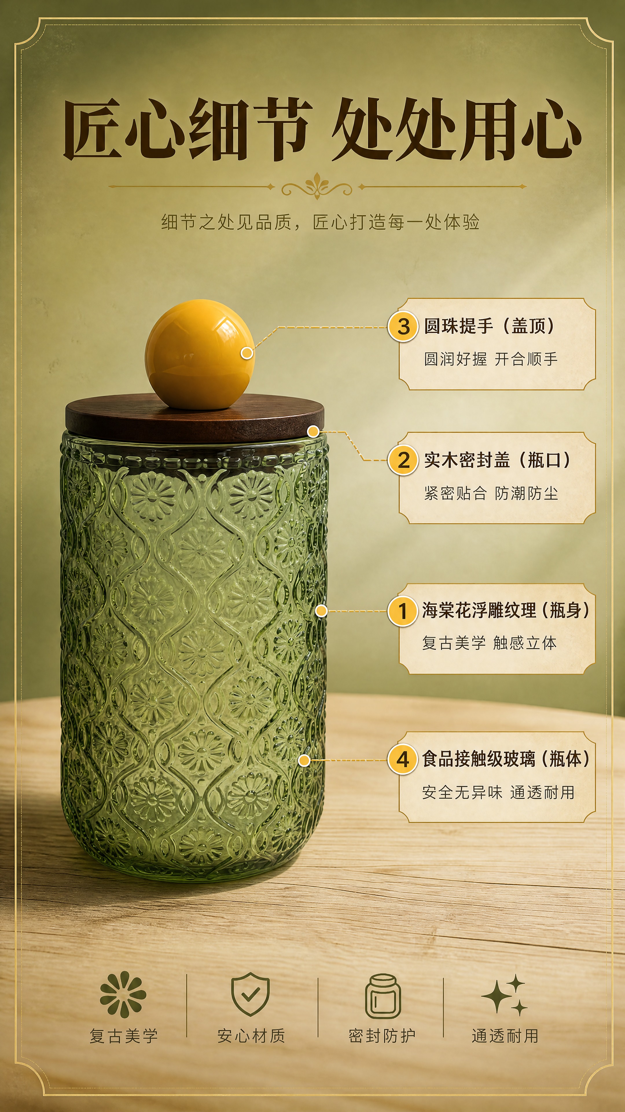 [商品] 使用【图1】复古橄榄绿浮雕玻璃储物罐；保留全部结构、… - 图片创意预览