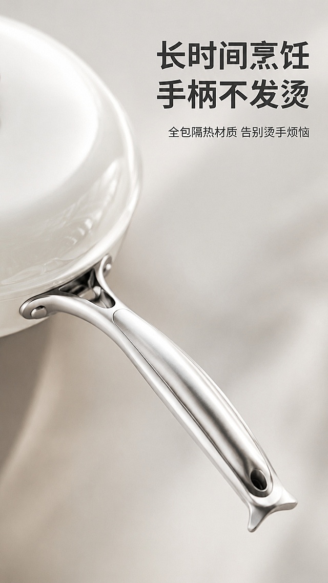 「图片1」，生成一套主图（5张），商品名称是温仑山不粘锅，卖点是安全感，给家人的“零风险安心”情绪点省心感，懒人友好，少做家务高级感，低调质感，轻奢生活，轻量化锅身，老人、女性轻松操作细节设计全包防烫手柄，隔热材质，长时间烹饪手柄不发烫加深锅身，爆炒不溅油。适配淘宝/天猫平台，主图比例为9:16