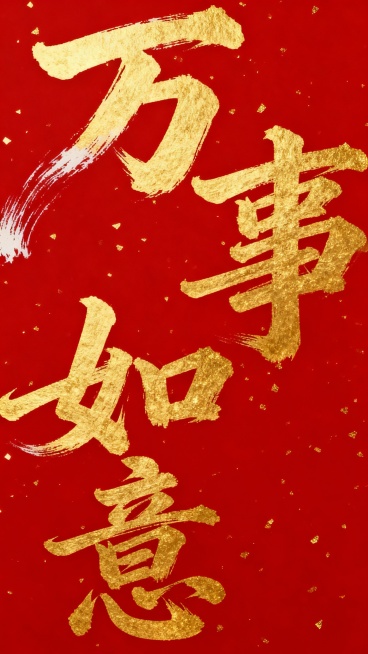 红色纯色背景，上面有金色的书法字体“万事如意”，字体风格为传统毛笔书法，笔画流畅有力，带有自然的飞白效果，背景上点缀着细微的金色颗粒纹理，整体呈现出喜庆、庄重的氛围，视觉层次清晰，信息传达直接，符合传预览效果