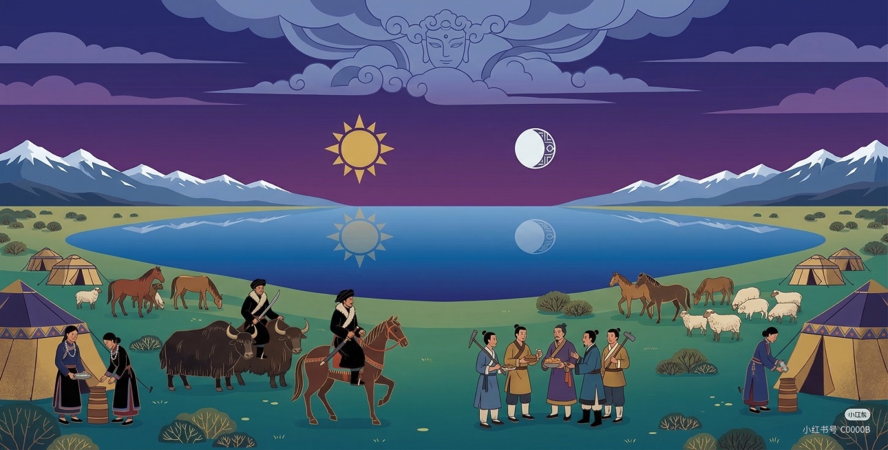 扁平风格绘本插画，遥远的北方糯海厄波湖畔故事场景：在遥远北方牡必密必地方，拉祜族先民与汉族人在糯海厄湖岸草原一起撵山狩猎，过着游牧生活，两族和睦共处。以“糯海厄”大湖为视觉中心，对称式水平构图，湖面如预览效果