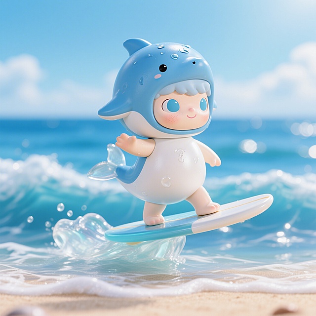 A cute 3D rendered figure, inspired by a little dolphin, with the overall main color being blue. It has a dolphin hat on its head, and its face is exposed. It has a round head, big, innocent and bright eyes, a simple smile, and a strand of moist hair on its head. Standing on a translucent, jelly-like surfboard, it is riding the rolling waves forward. The body is round and plump, with a small dorsal fin on the back. The skin is smooth, moist, and pearl-like white, with a water film effect. The surfboard is translucent. The movement is dynamic surfing, with one arm stretched forward to maintain balance, looking excitedly ahead. The person's surfboard and the background are separate, similar to a blind box display. The background is a sunny beach with blue sky and a sparkling ocean. Style: Cute 3D rendering, similar to Pixar style, soft lighting, bright and cheerful colors, high quality, 8K resolution