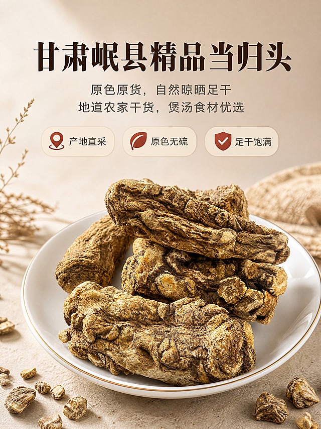 [商品] 使用【图1】甘肃岷县精品当归头，整支干货形态；保留当归头自然棕褐色、粗糙表皮纹理、个头饱满形态、断面纹路结构、干木质质感；不改变颜色、形状和纹理细节，仅做光影质感优化，去除背景杂物。
[画面] 首屏头图，目标突出产品全貌与核心卖点。上文下图构图，上方35%区域放标题文案，下方65%区域产品主体居中展示，占画面60%。产品放置在白色金边瓷盘中，前景散落少量细碎干货增加层次，背景为浅暖灰渐变+柔和自然光，营造原生干货质朴氛围。左前侧柔光，产品底部有自然投影，画面有呼吸感。
[视觉] 套系策略：风格=原生干货质朴商业摄影风；标题字=中式衬线粗体（厚重有力）；正文字=简洁无衬线体；主色=暖棕土色；背景延展=基于暖棕土色做浅米灰→暖棕渐变、同色系深浅层级、质朴纸张/麻布质感；强调色=深赭石色，仅用于小面积图标、对勾符号、标签底纹；标题色=深棕褐色；正文色=中暖灰；组件=圆角浅米色信息卡、细线引线、对勾图标；光影=左前侧暖柔光，柔和自然阴影。
[文字] 顶部居中主标题"甘肃岷县精品当归头"，副标题两行"原色原货，自然晾晒足干""地道农家干货，煲汤食材优选"，主标题字号大醒目，副标题稍小；标题下方加3个小卖点icon横排：产地直采、原色无硫、足干饱满。文字全部横向排版，不遮挡产品主体。
[规格] 图片比例3:4竖版，4K，负向提示：避免变形、错字、文字过小、硫熏变色、颜色偏冷蓝、背景杂乱、产品空心破损、虚假功效词、绝对化用语。